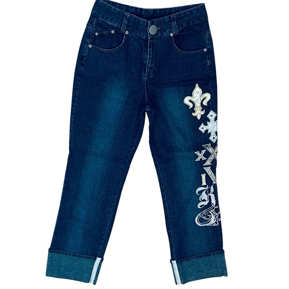 Vtg Mary-Kate & Ashley Metallic Appliques & Embroidery  Cuffed Jeans Junior 16